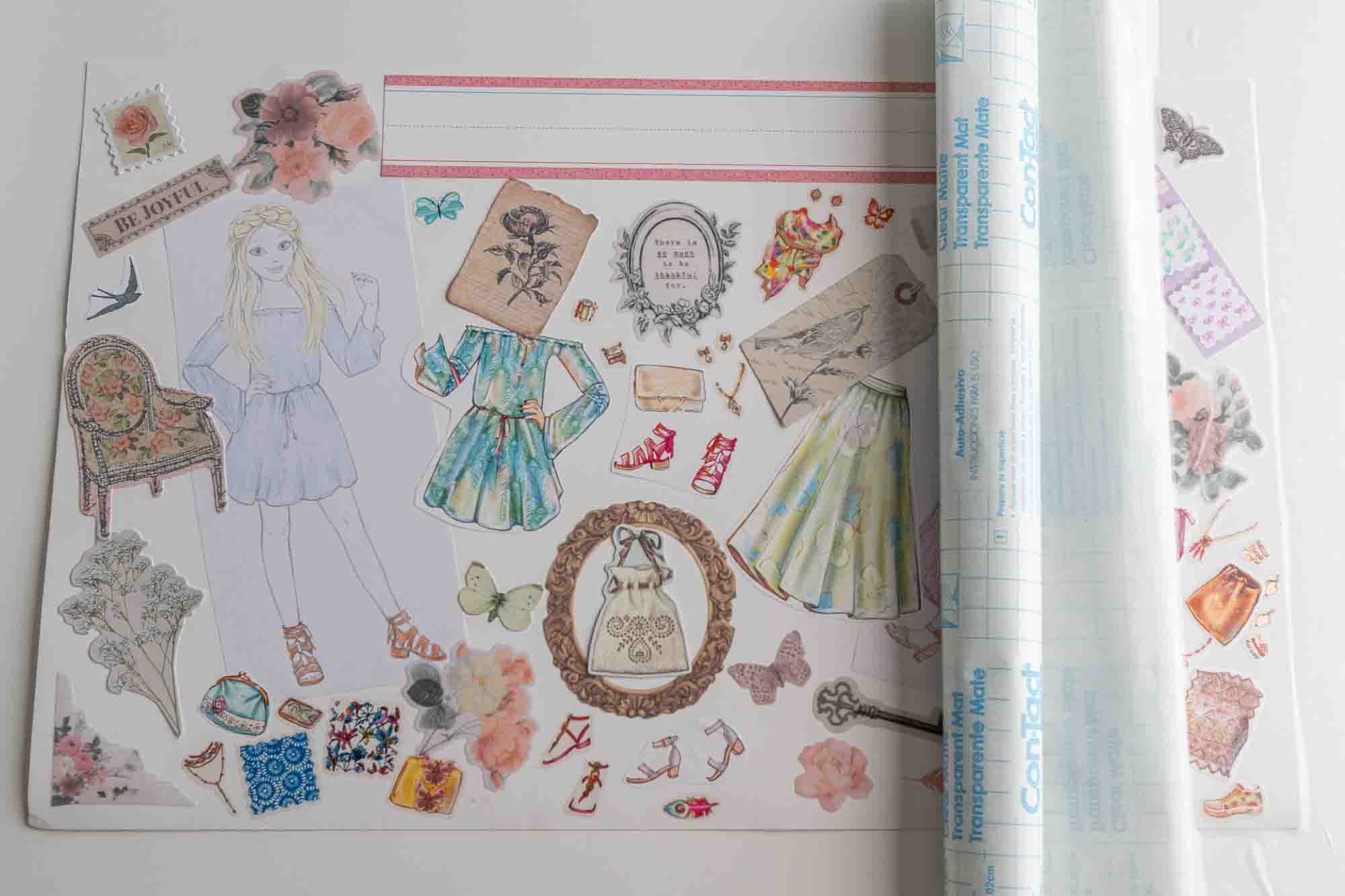 Process shot of covering placemat with contact paper.